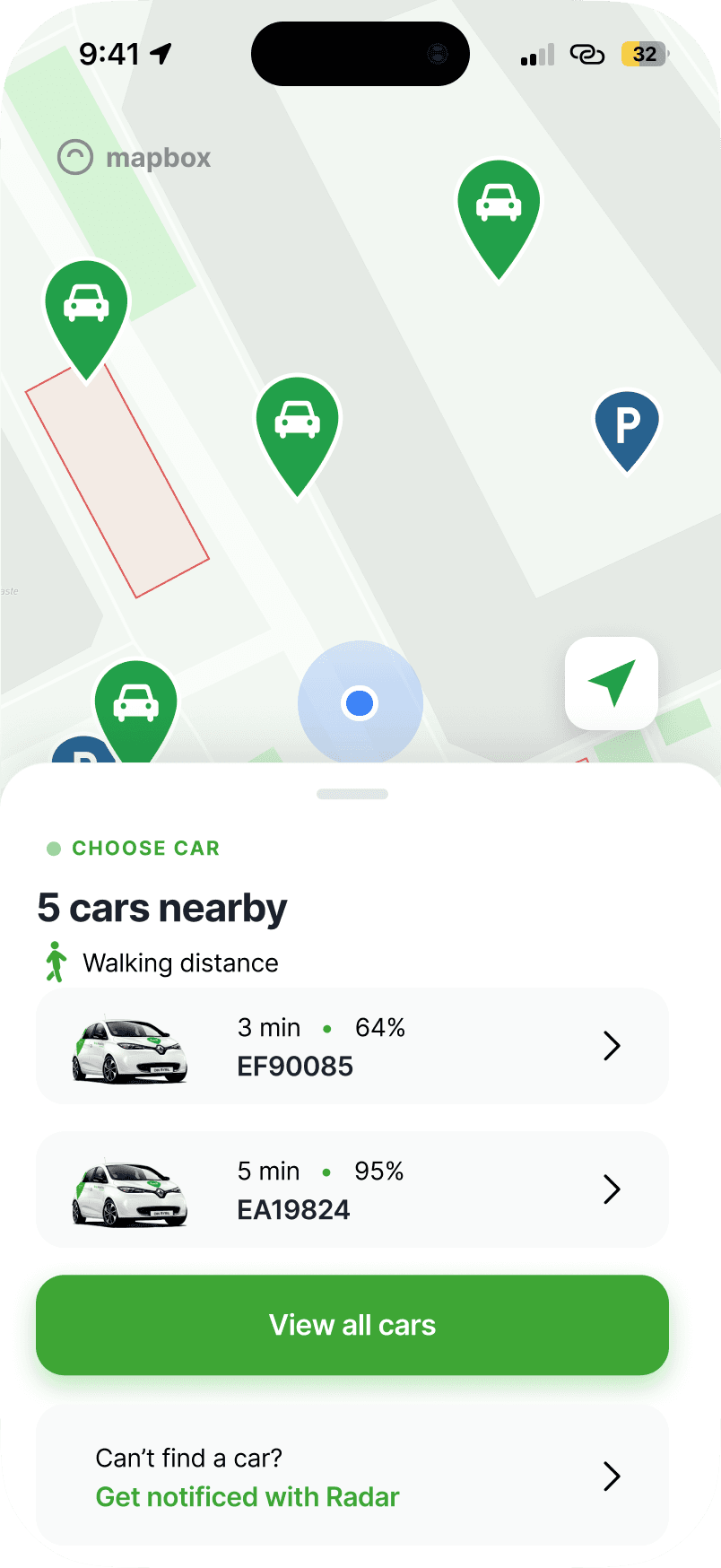 Compare screen of the GreenMobility redesign