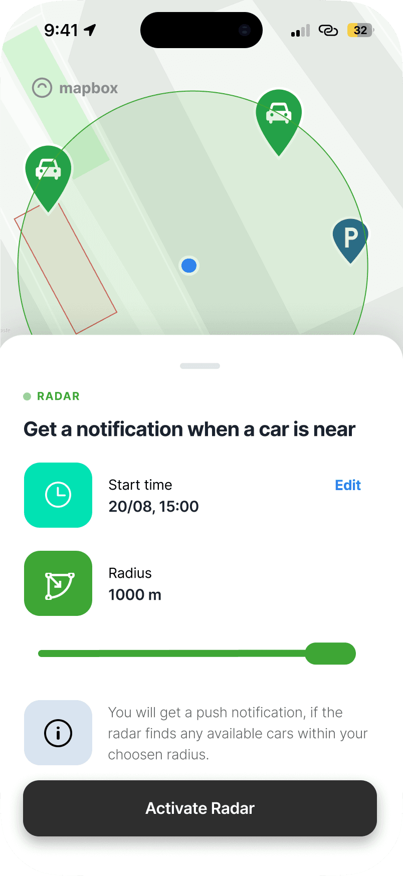 Radar screen of the GreenMobility redesign