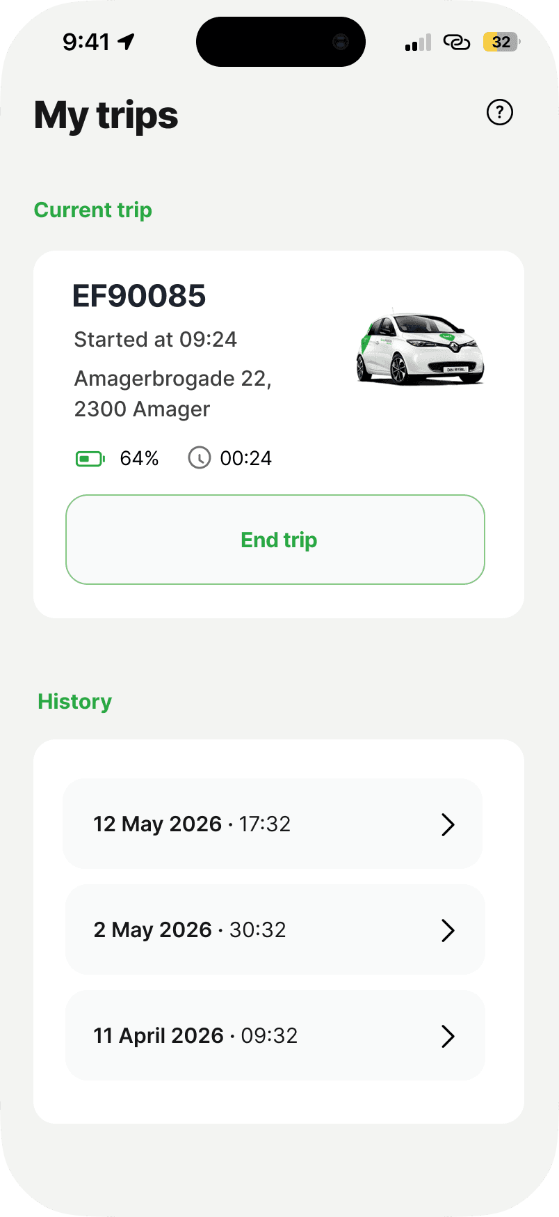 My trips screen of the GreenMobility redesign