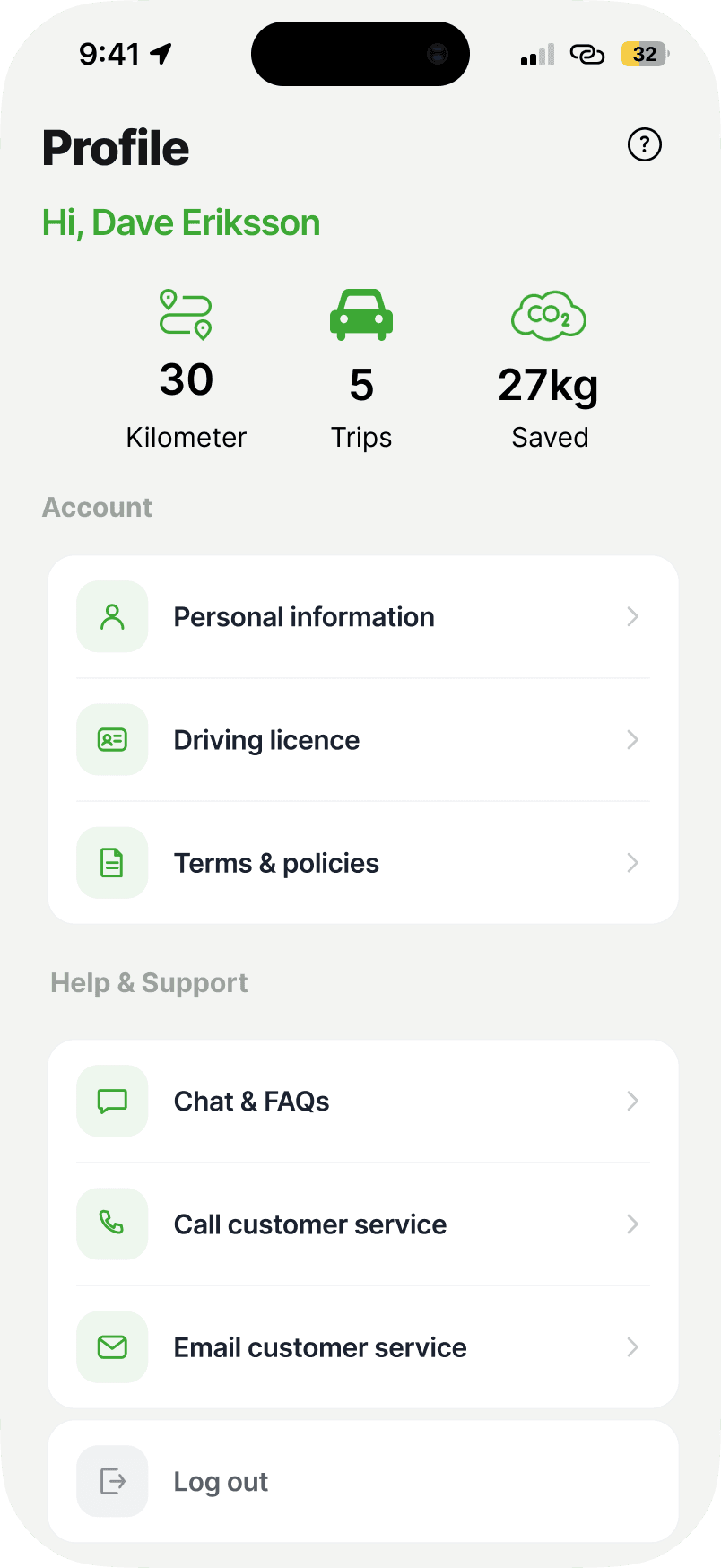 Profile screen of the GreenMobility redesign