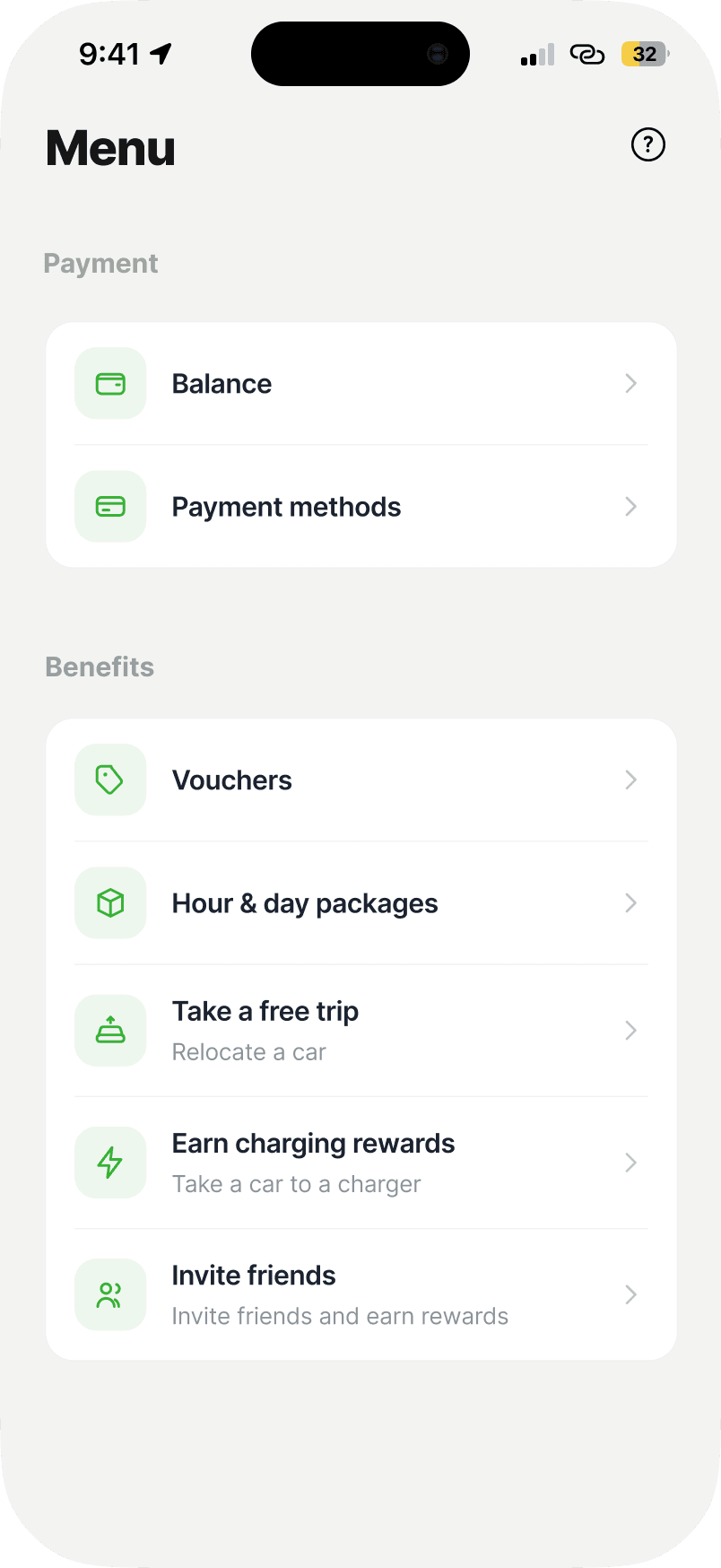 Menu screen of the GreenMobility redesign