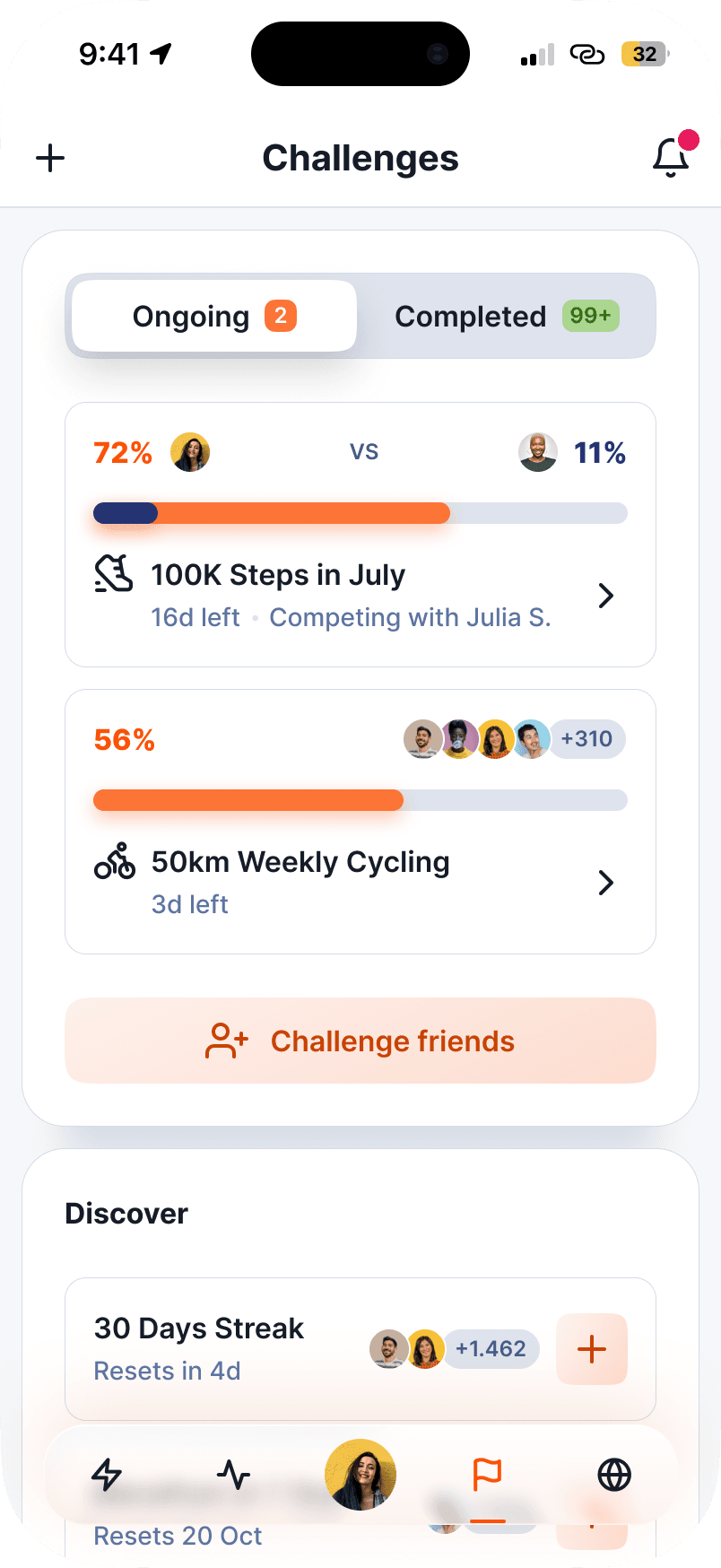 Challenges screen of the Strava redesign